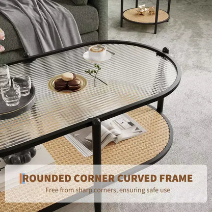 Table basse en rotin 37", table centrale ovale en bois à 2 niveaux avec plateau en verre trempé, table d'appoint de cocktail pour salon, chambre, bureau