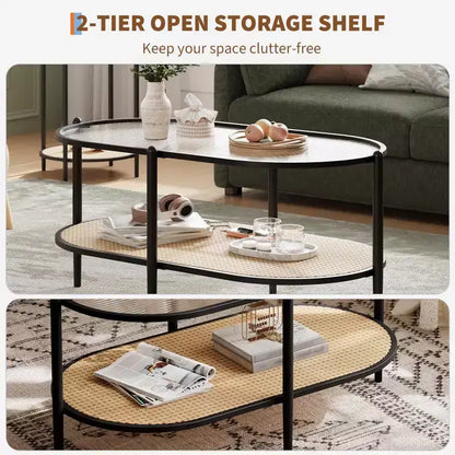 Table basse en rotin 37", table centrale ovale en bois à 2 niveaux avec plateau en verre trempé, table d'appoint de cocktail pour salon, chambre, bureau