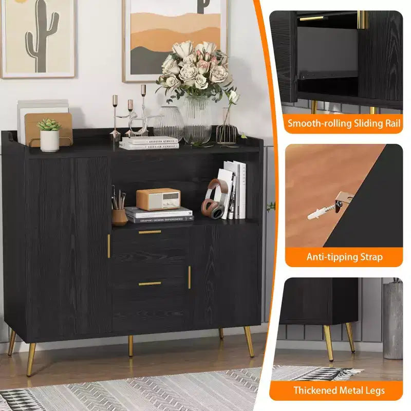 Meuble micro-ondes 40", buffet de cuisine, armoire de rangement, meuble bar à café avec étagères réglables, 2 tiroirs et 2 portes, pour la maison