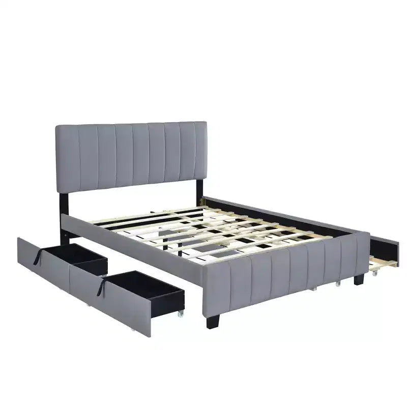 Lit plateforme rembourré Queen avec système de rangement hydraulique - Beige