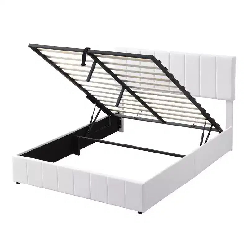 Lit plateforme rembourré Queen avec système de rangement hydraulique - Beige