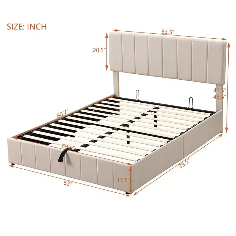 Lit plateforme rembourré Queen avec système de rangement hydraulique - Beige
