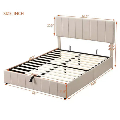 Lit plateforme rembourré Queen avec système de rangement hydraulique - Beige