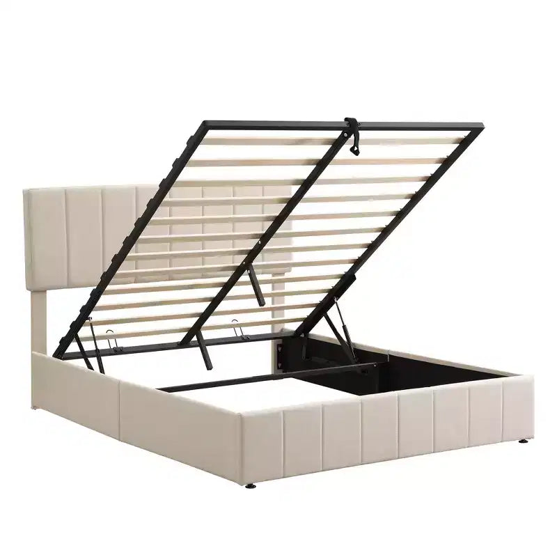 Lit plateforme rembourré Queen avec système de rangement hydraulique - Beige