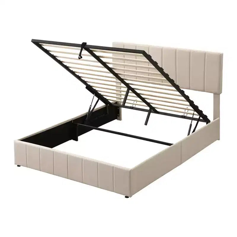 Lit plateforme rembourré Queen avec système de rangement hydraulique - Beige