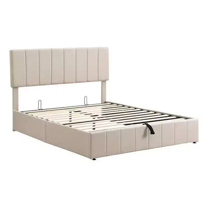 Lit plateforme rembourré Queen avec système de rangement hydraulique - Beige