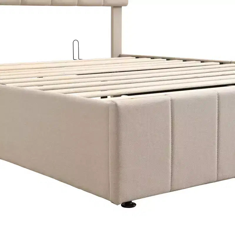 Lit plateforme rembourré Queen avec système de rangement hydraulique - Beige