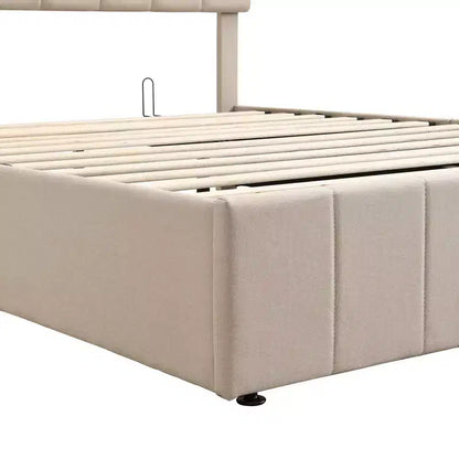 Lit plateforme rembourré Queen avec système de rangement hydraulique - Beige