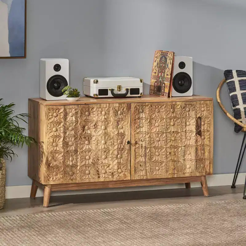 Buffet de rangement Grimsley en bois d'acacia avec étagères et 2 portes