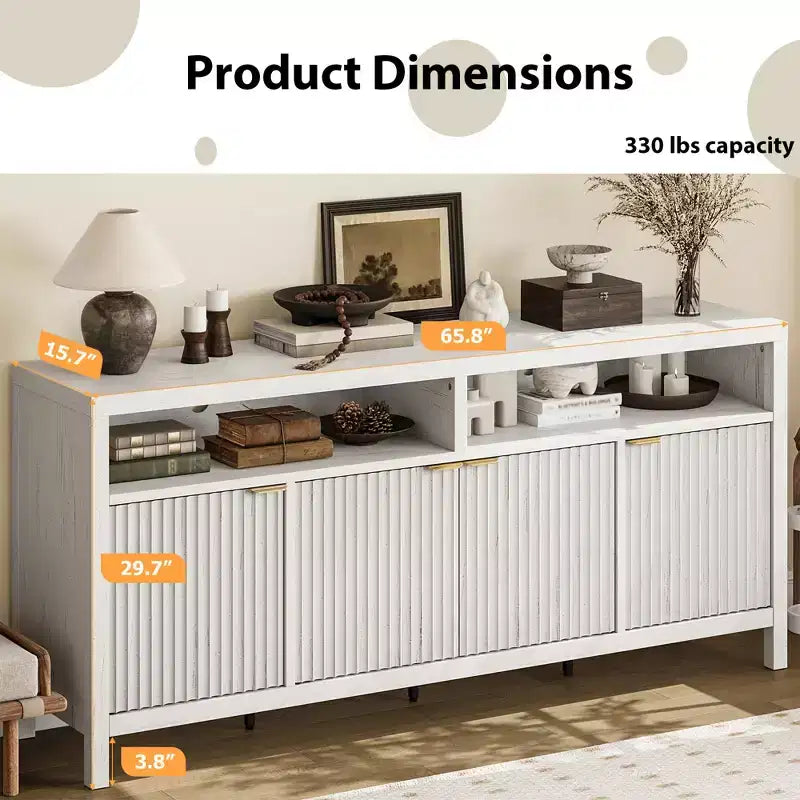 Buffet bahut cannelé de 167 cm avec 4 portes, meuble de rangement de cuisine moderne pour salle à manger, salon, entrée