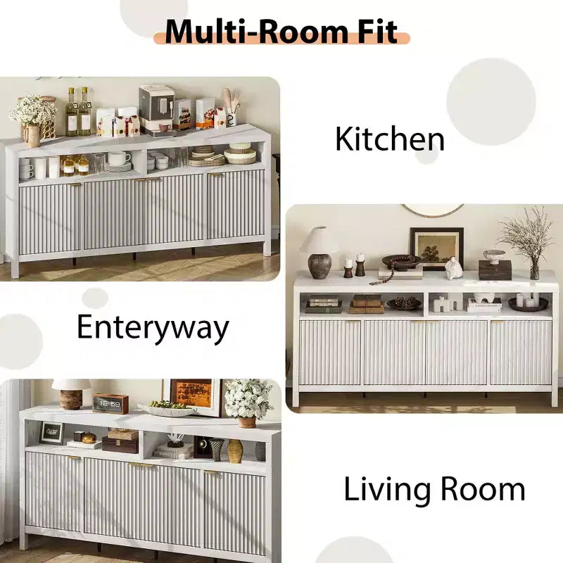 Buffet bahut cannelé de 167 cm avec 4 portes, meuble de rangement de cuisine moderne pour salle à manger, salon, entrée
