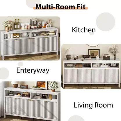 Buffet bahut cannelé de 167 cm avec 4 portes, meuble de rangement de cuisine moderne pour salle à manger, salon, entrée
