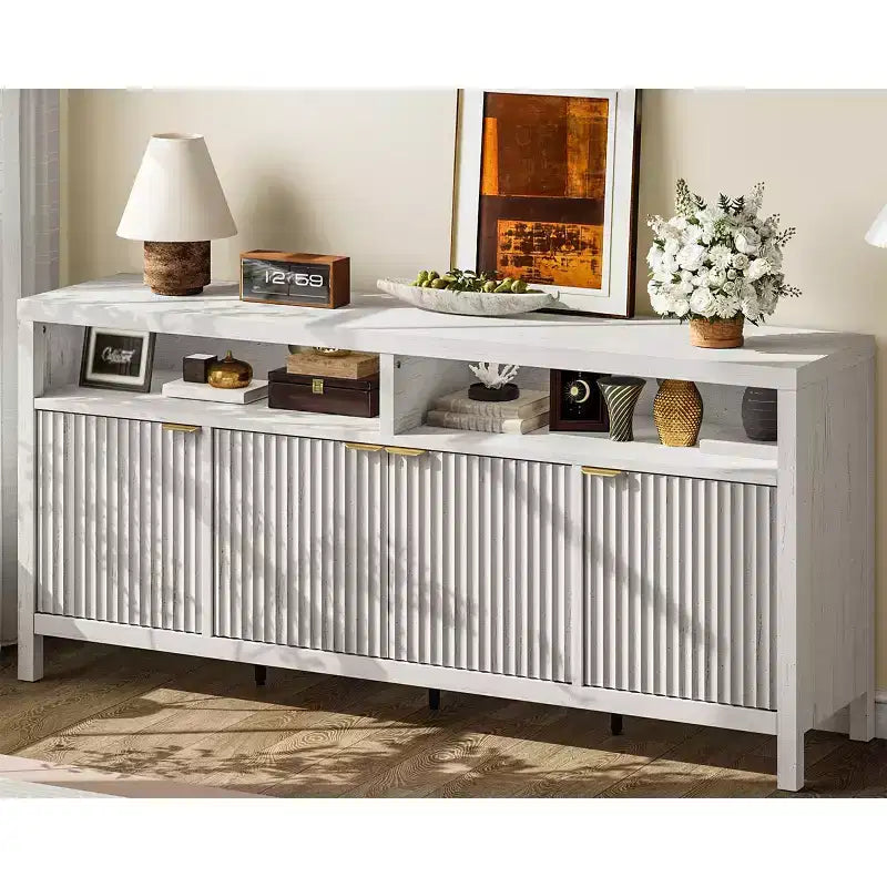 Buffet bahut cannelé de 167 cm avec 4 portes, meuble de rangement de cuisine moderne pour salle à manger, salon, entrée