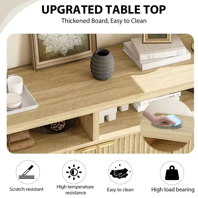 Buffet bahut cannelé de 167 cm avec 4 portes, meuble de rangement de cuisine moderne pour salle à manger, salon, entrée