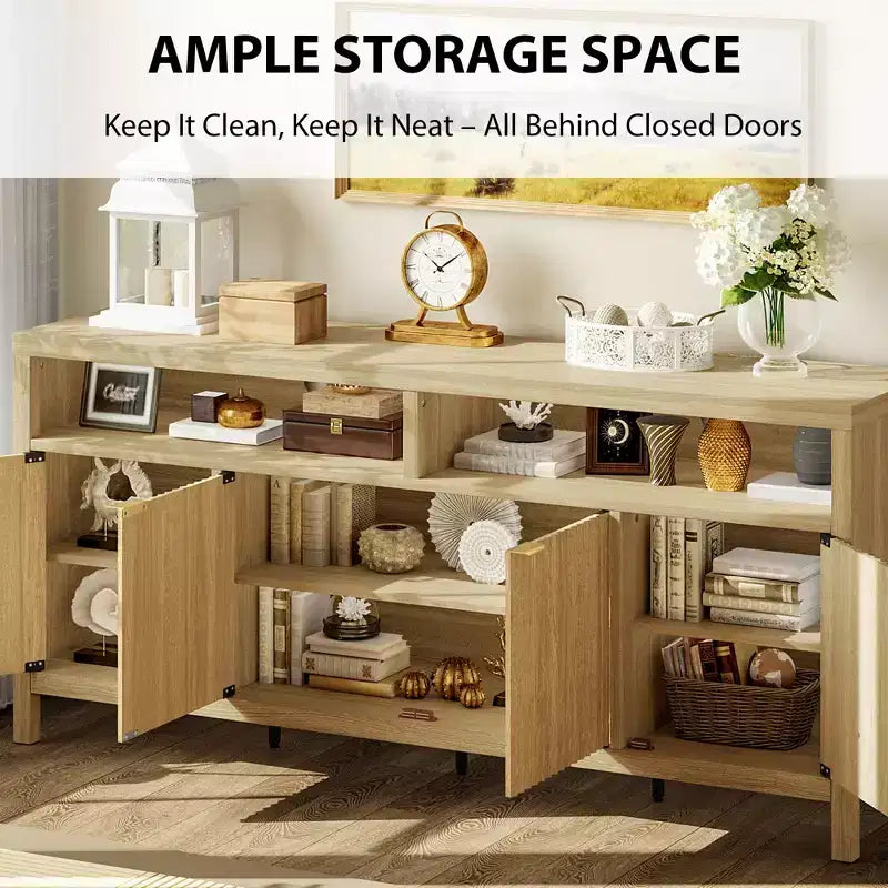 Buffet bahut cannelé de 167 cm avec 4 portes, meuble de rangement de cuisine moderne pour salle à manger, salon, entrée