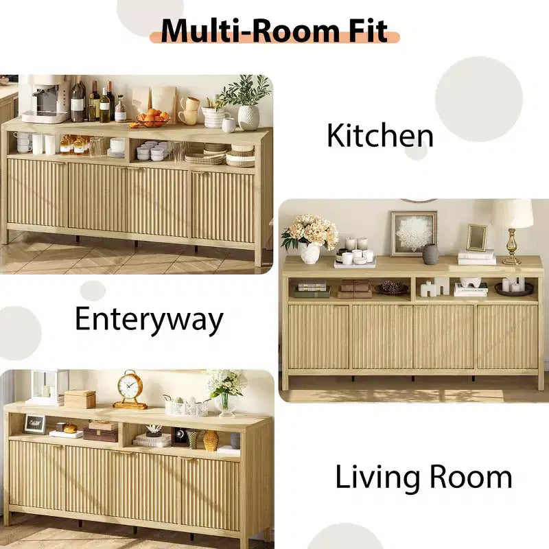 Buffet bahut cannelé de 167 cm avec 4 portes, meuble de rangement de cuisine moderne pour salle à manger, salon, entrée