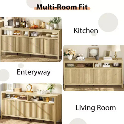 Buffet bahut cannelé de 167 cm avec 4 portes, meuble de rangement de cuisine moderne pour salle à manger, salon, entrée