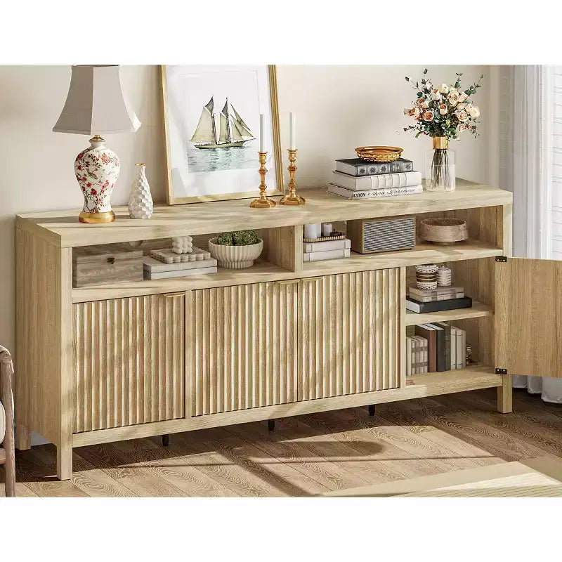 Buffet bahut cannelé de 167 cm avec 4 portes, meuble de rangement de cuisine moderne pour salle à manger, salon, entrée