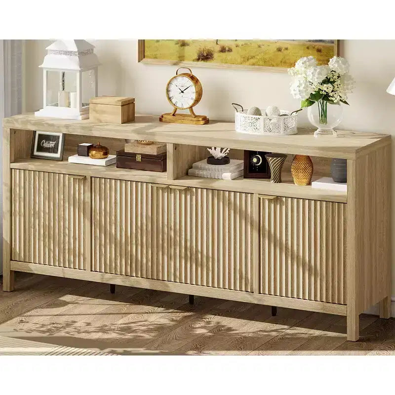 Buffet bahut cannelé de 167 cm avec 4 portes, meuble de rangement de cuisine moderne pour salle à manger, salon, entrée