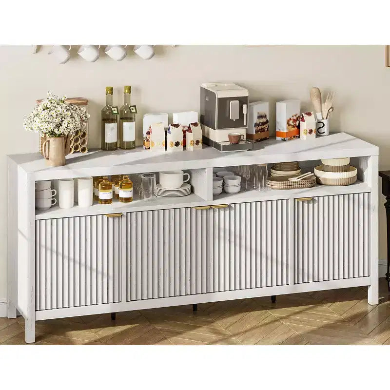 Buffet bahut cannelé de 167 cm avec 4 portes, meuble de rangement de cuisine moderne pour salle à manger, salon, entrée