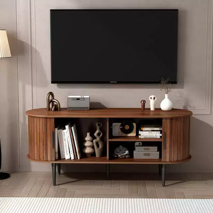 Meuble TV en bois moderne du milieu du siècle Fennik avec porte coulissante
