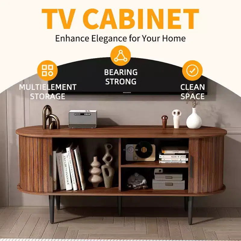 Meuble TV en bois moderne du milieu du siècle Fennik avec porte coulissante