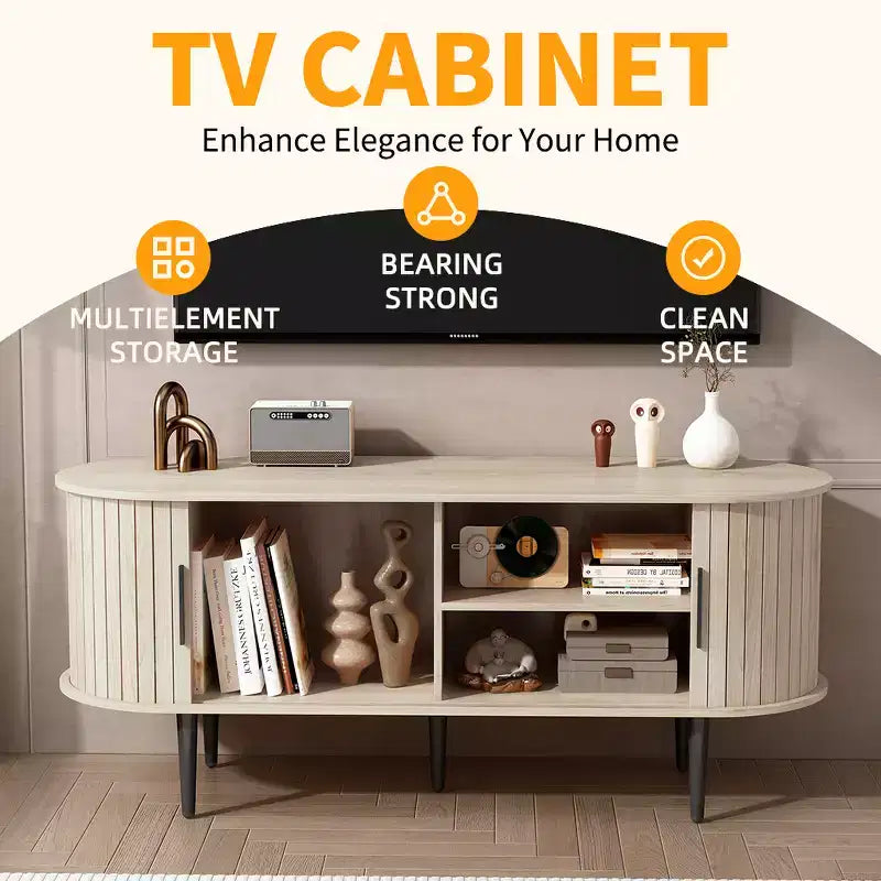 Meuble TV en bois moderne du milieu du siècle Fennik avec porte coulissante