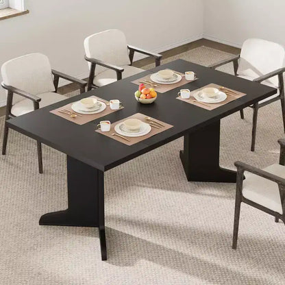 Large Dining Table for 6, Farmhouse Kitchen Table with Padded Top and Unique V-Shaped Feet, Rectangular Wooden Dining Table