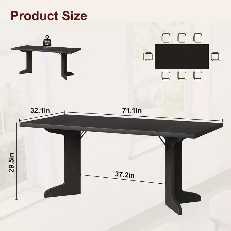 Grande table à manger pour 6, table de cuisine de ferme avec plateau rembourré et pieds uniques en forme de V, table à manger rectangulaire en bois