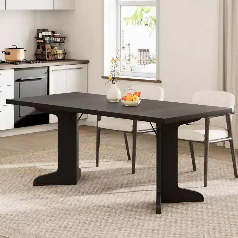 Grande table à manger pour 6, table de cuisine de ferme avec plateau rembourré et pieds uniques en forme de V, table à manger rectangulaire en bois