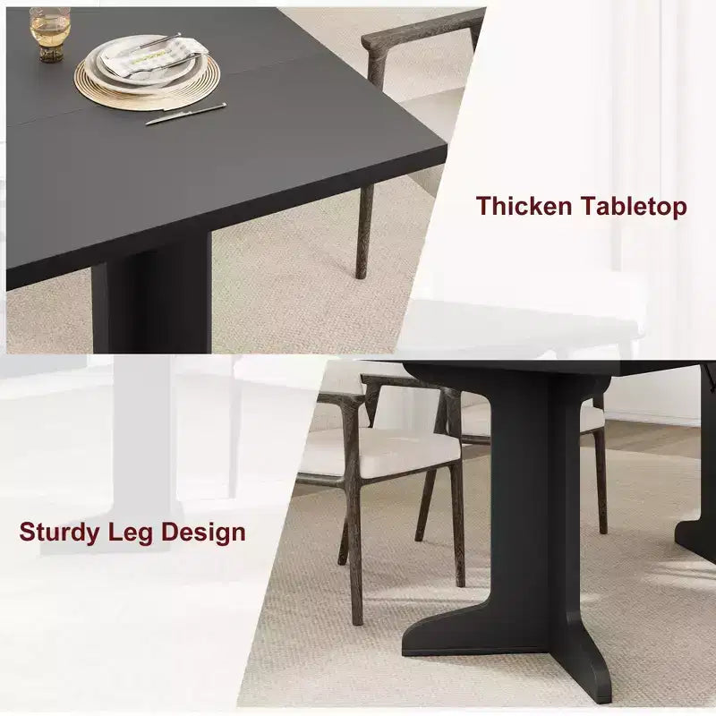 Grande table à manger pour 6, table de cuisine de ferme avec plateau rembourré et pieds uniques en forme de V, table à manger rectangulaire en bois