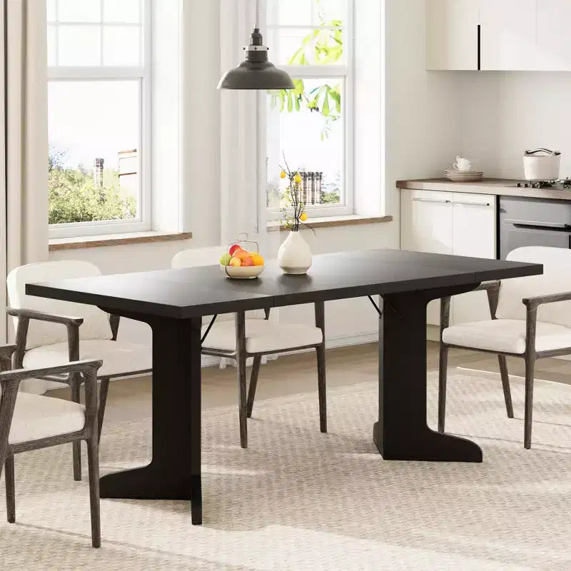 Grande table à manger pour 6, table de cuisine de ferme avec plateau rembourré et pieds uniques en forme de V, table à manger rectangulaire en bois