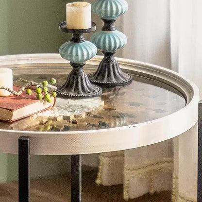 Table d'appoint à 2 niveaux avec rangement, plateau en verre, cadre de plateau, table d'appoint pour chambre, décoration intérieure et patio