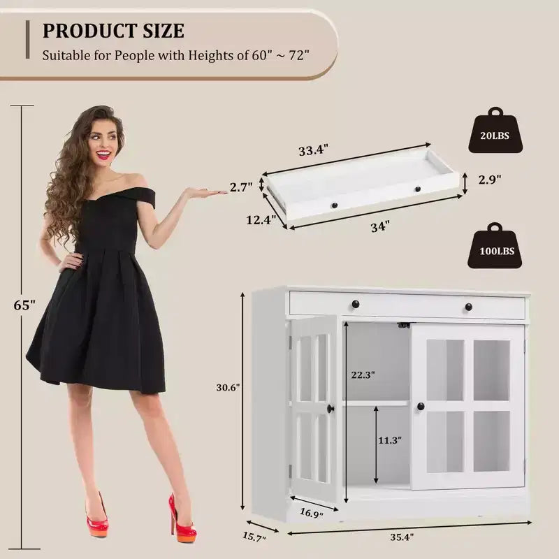 Buffets et armoires de salle à manger avec porte en verre, buffet de 89,9 cm avec tiroir de rangement, design adaptable