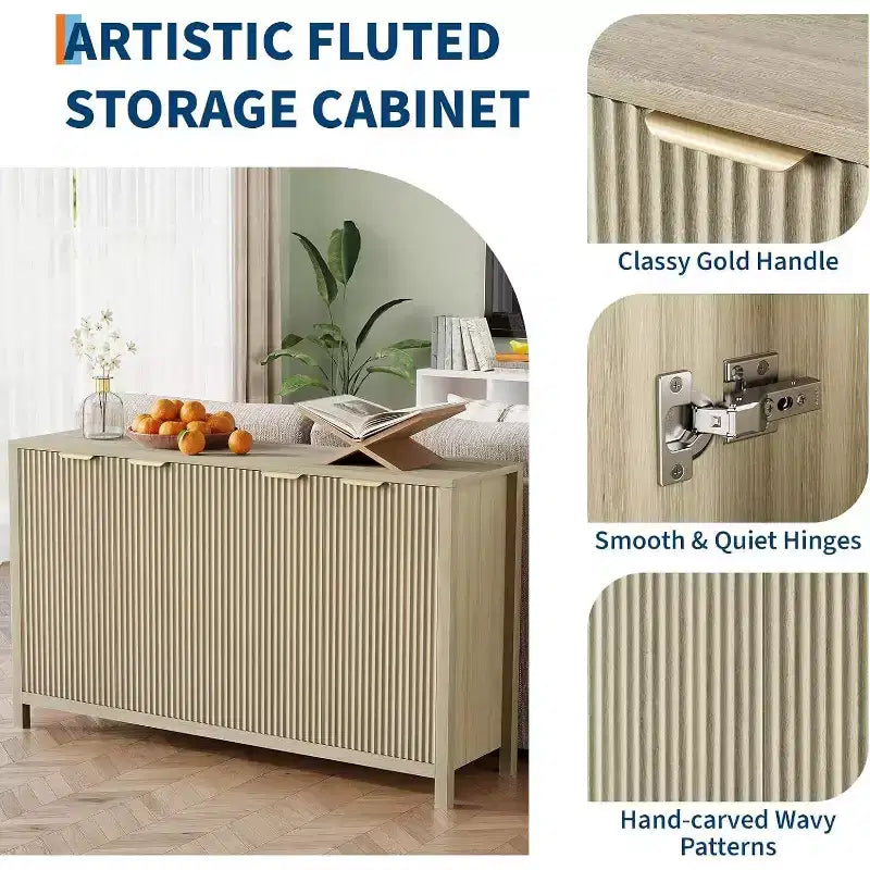 Bahut buffet moderne cannelé à 4 portes avec étagères réglables pour cuisine, salle à manger et salon