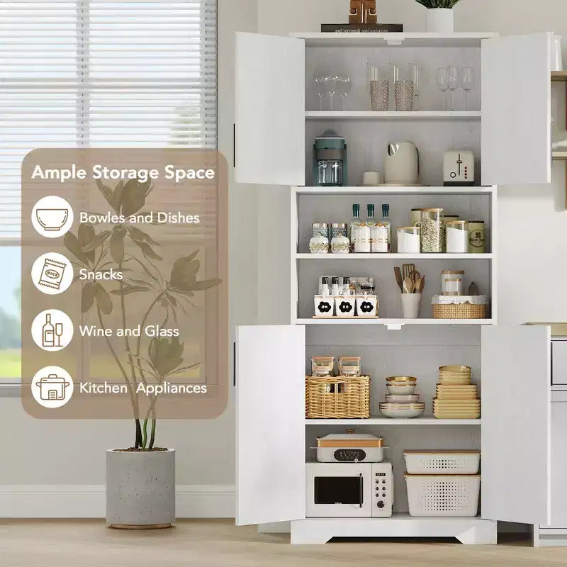 Armoire de cuisine, armoire 4 portes avec support pour micro-ondes et tiroir, étagère réglable, gris