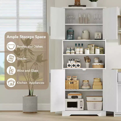 Armoire de cuisine, armoire 4 portes avec support pour micro-ondes et tiroir, étagère réglable, gris