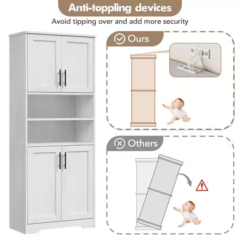 Armoire de cuisine, armoire 4 portes avec support pour micro-ondes et tiroir, étagère réglable, gris