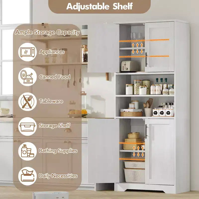 Armoire de cuisine, armoire 4 portes avec support pour micro-ondes et tiroir, étagère réglable, gris