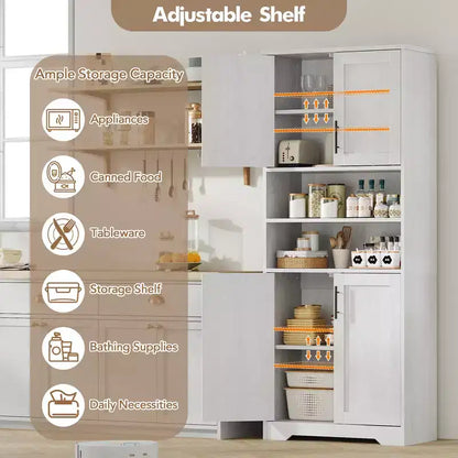 Armoire de cuisine, armoire 4 portes avec support pour micro-ondes et tiroir, étagère réglable, gris