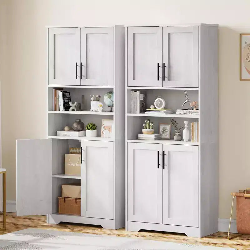 Armoire de cuisine, armoire 4 portes avec support pour micro-ondes et tiroir, étagère réglable, gris