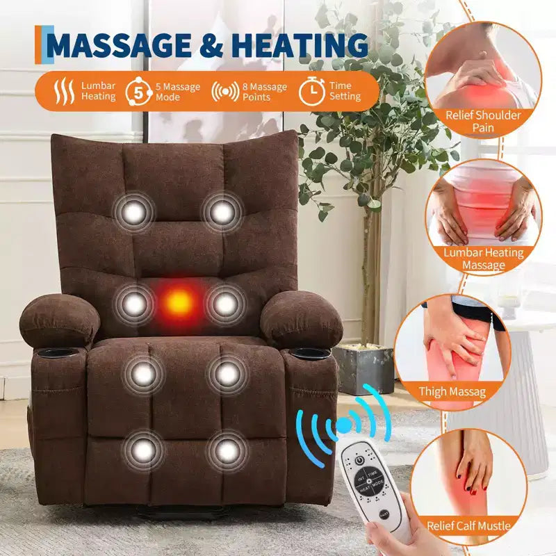 Fauteuil inclinable releveur électrique pour personnes âgées avec massage et chauffage, fauteuil inclinable berçant pivotant surdimensionné avec rembourrage doux, poche latérale et porte-gobelets