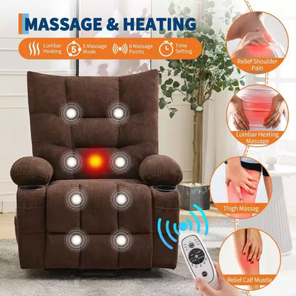 Fauteuil inclinable releveur électrique pour personnes âgées avec massage et chauffage, fauteuil inclinable berçant pivotant surdimensionné avec rembourrage doux, poche latérale et porte-gobelets