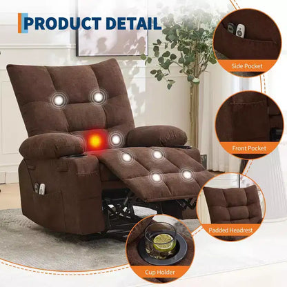 Fauteuil inclinable releveur électrique pour personnes âgées avec massage et chauffage, fauteuil inclinable berçant pivotant surdimensionné avec rembourrage doux, poche latérale et porte-gobelets