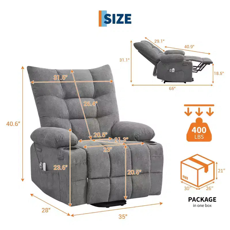 Fauteuil inclinable releveur électrique pour personnes âgées avec massage et chauffage, fauteuil inclinable berçant pivotant surdimensionné avec rembourrage doux, poche latérale et porte-gobelets