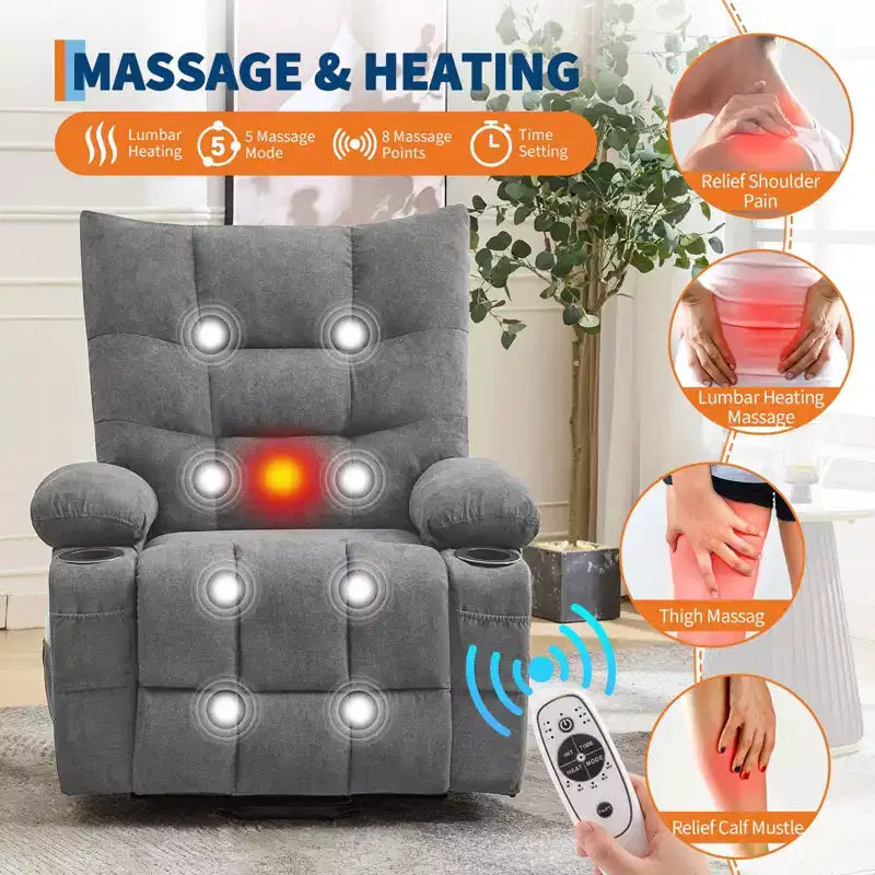 Fauteuil inclinable releveur électrique pour personnes âgées avec massage et chauffage, fauteuil inclinable berçant pivotant surdimensionné avec rembourrage doux, poche latérale et porte-gobelets
