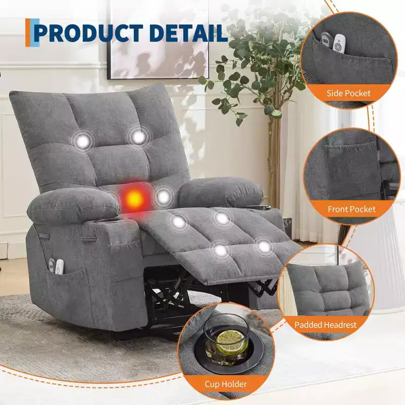 Fauteuil inclinable releveur électrique pour personnes âgées avec massage et chauffage, fauteuil inclinable berçant pivotant surdimensionné avec rembourrage doux, poche latérale et porte-gobelets