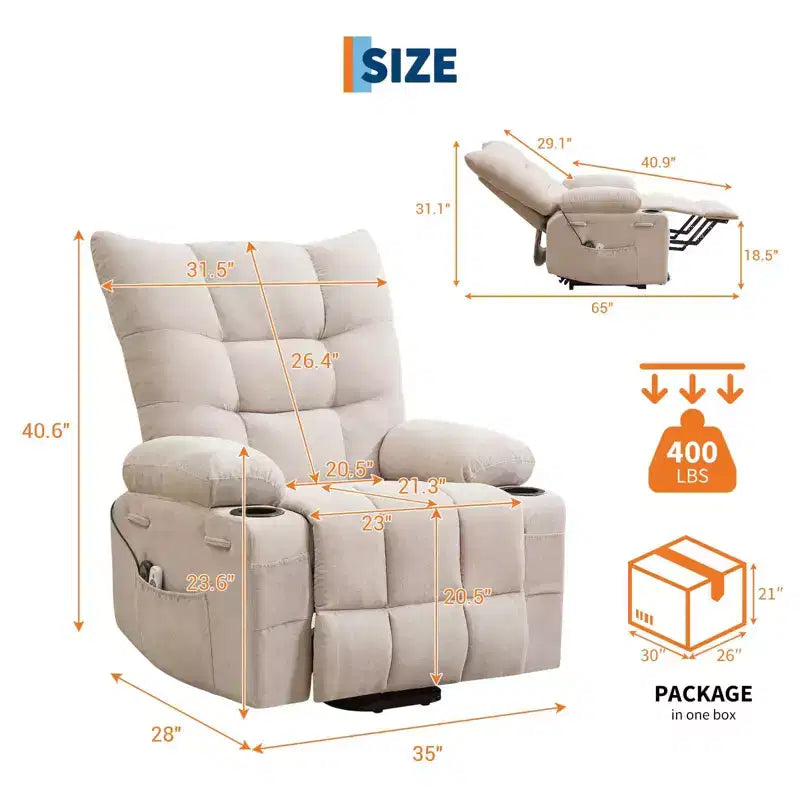Fauteuil inclinable releveur électrique pour personnes âgées avec massage et chauffage, fauteuil inclinable berçant pivotant surdimensionné avec rembourrage doux, poche latérale et porte-gobelets