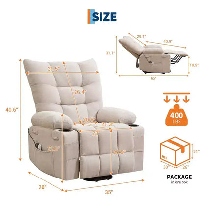 Fauteuil inclinable releveur électrique pour personnes âgées avec massage et chauffage, fauteuil inclinable berçant pivotant surdimensionné avec rembourrage doux, poche latérale et porte-gobelets