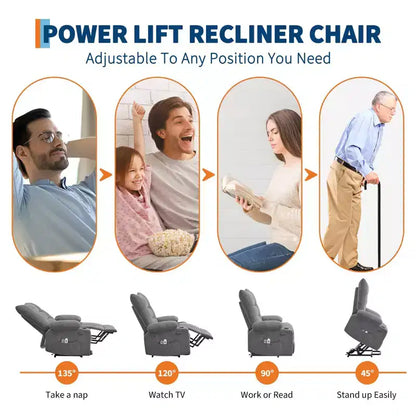 Fauteuil inclinable releveur électrique pour personnes âgées avec massage et chauffage, fauteuil inclinable berçant pivotant surdimensionné avec rembourrage doux, poche latérale et porte-gobelets